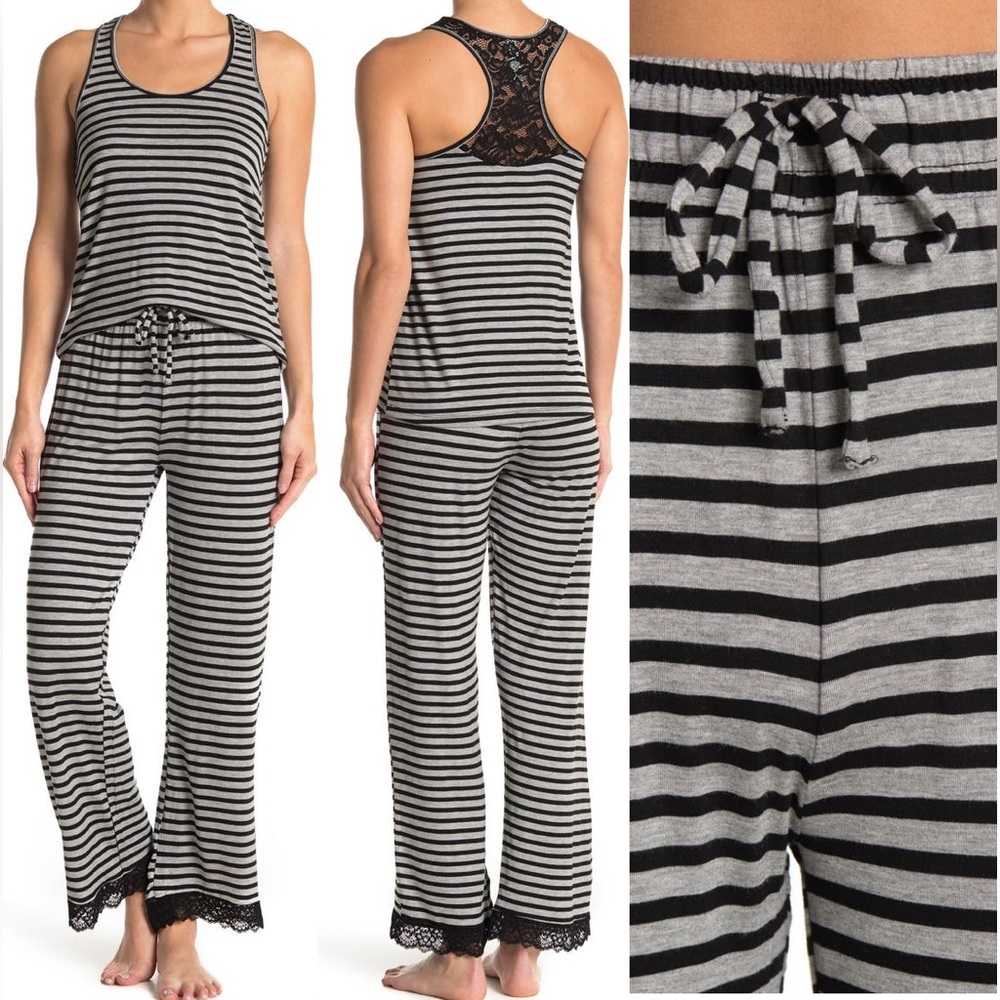 Grey and black striped lace pajama tank pant set Nordstrom’s